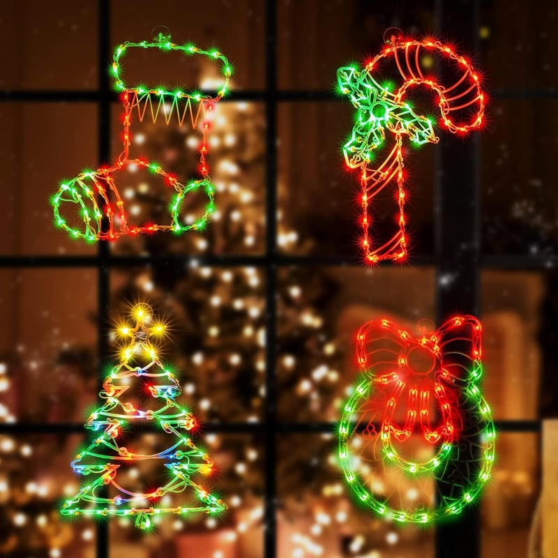 Just-pro 4 Pack Christmas Window Silhouette Lights, Lighted Candy Cane,Christmas Tree,Wreath and Christmas Stocking of Double Sided Decorations with 200 Count Incandescent Mini Light - Image 5